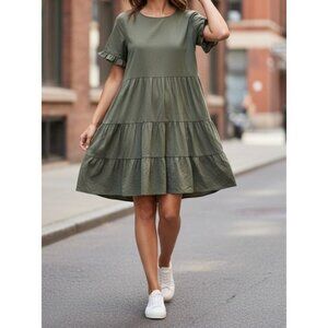 Boohoo Olive Smock Mini Dress Tiered Ruffle Sage Green Boho Chic Flowy